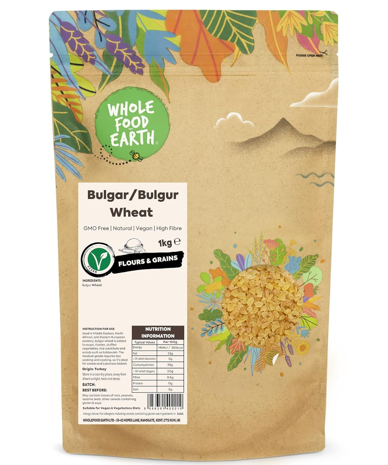 Wholefood Earth Tarwe Bulgur - non-GMO - natuurlijk - veganistisch - zuivelvrij - geen toegevoegde suikers, 500g