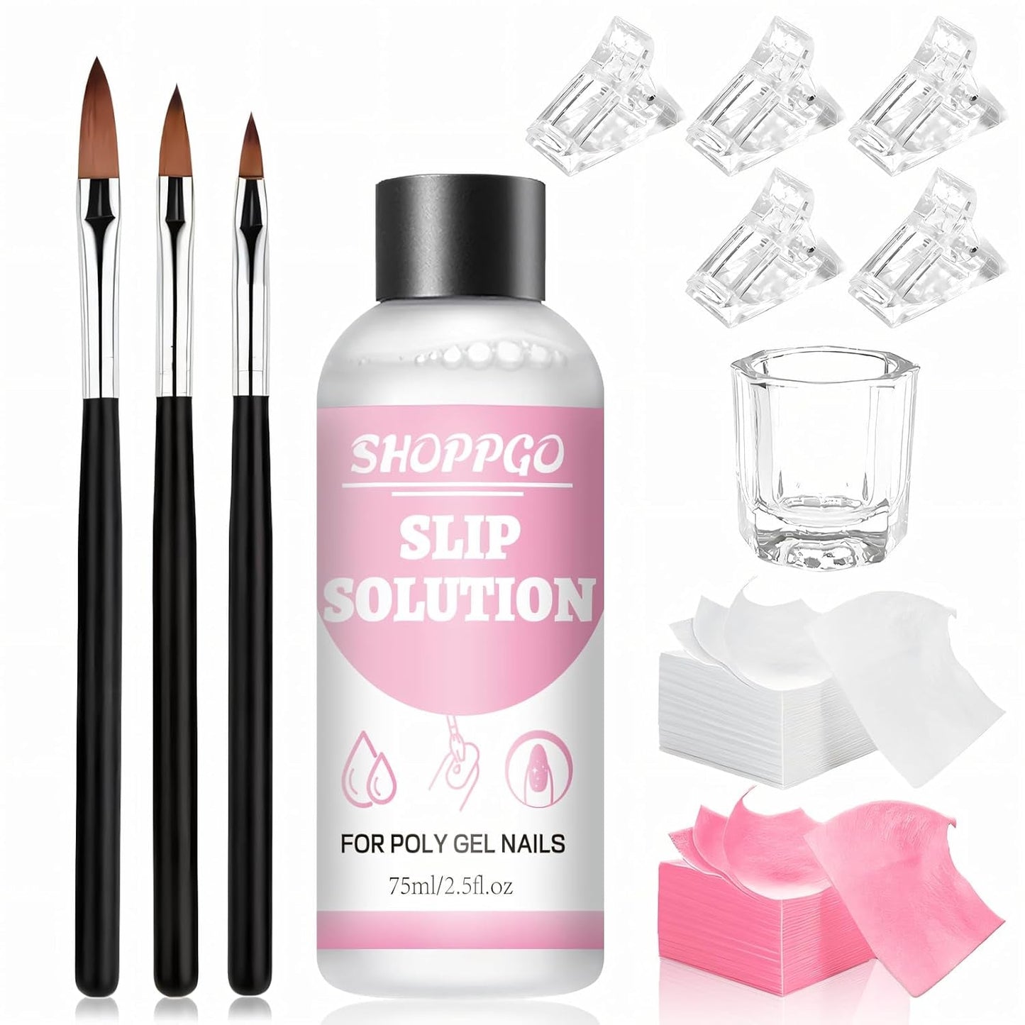 Polygel Straightening Solution, Polygel Slip Solution nagelkit, Straightening Solution 75 ml, inclusief 5 nageltipclips, 3 nagelborstels, 1 kristallen beker, 100 reinigingsvellen