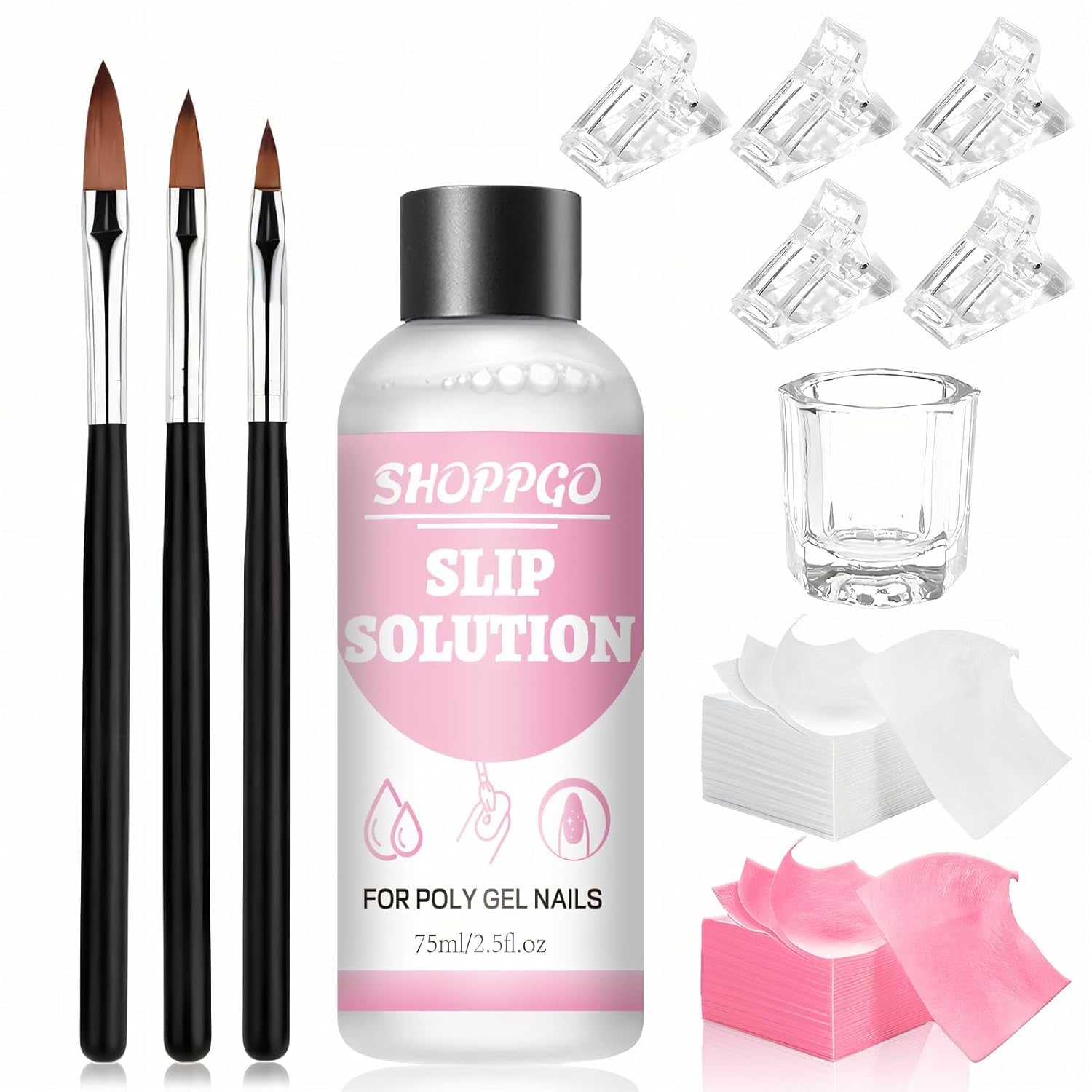 Polygel Straightening Solution, Polygel Slip Solution nagelkit, Straightening Solution 75 ml, inclusief 5 nageltipclips, 3 nagelborstels, 1 kristallen beker, 100 reinigingsvellen