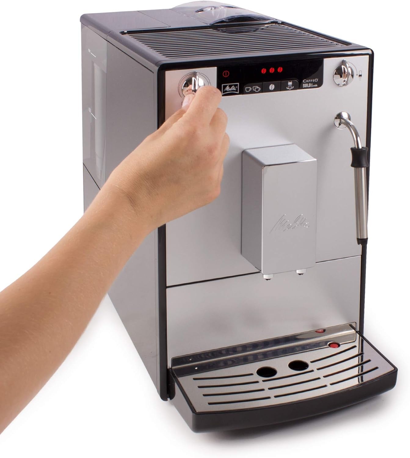 Melitta Solo & Milk - volautomatische slanke koffiemachine met melkopschuimer, koffiemachine met afneembaar waterreservoir, b.v. koffie of cappuccino, zilver