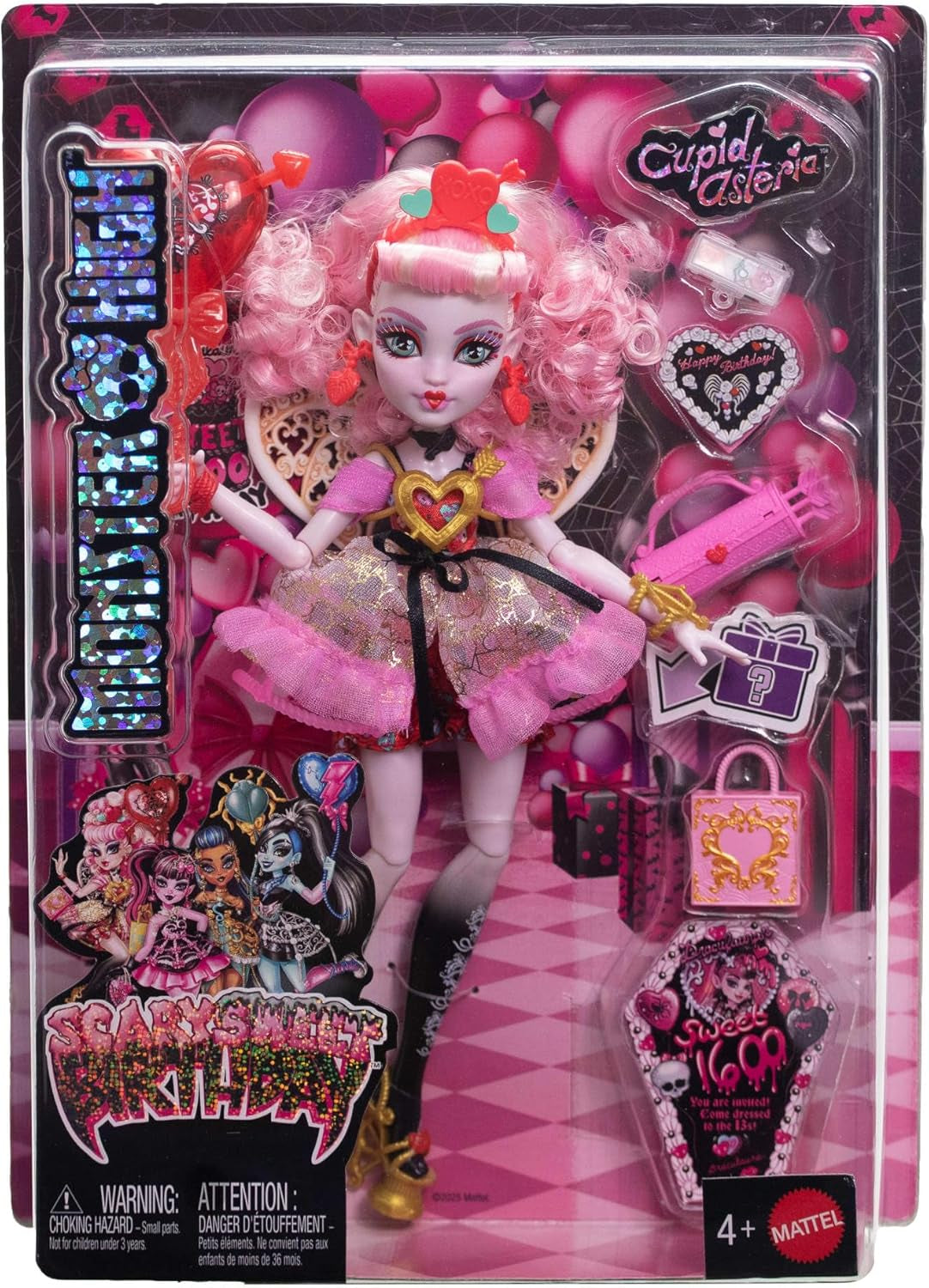 Monster High Scary Sweet Birthday Cupido Asteria-pop in roze en rode feestjurk met thema-accessoires zoals uitnodiging, ballon, cadeau en meer, JBG77
