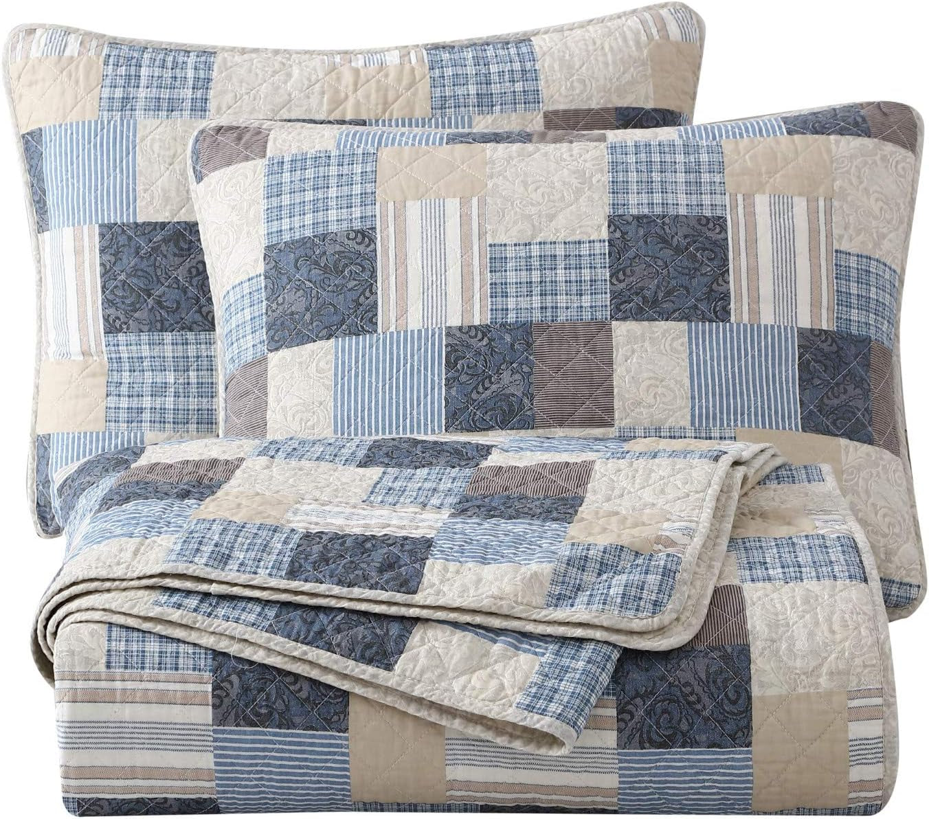 Chezmoi Collection Addy Patchwork-quiltset Voorgewassen katoen Lichtgewicht Omkeerbaar Alle seizoenen Oversized 3-delig Marine Wit Grijs Taupe Geruite quilts en quilts Naty Shop Patchwork Queen Plaid