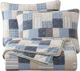 Chezmoi Collection Addy Patchwork-quiltset Voorgewassen katoen Lichtgewicht Omkeerbaar Alle seizoenen Oversized 3-delig Marine Wit Grijs Taupe Geruite quilts en quilts Naty Shop Patchwork Queen Plaid