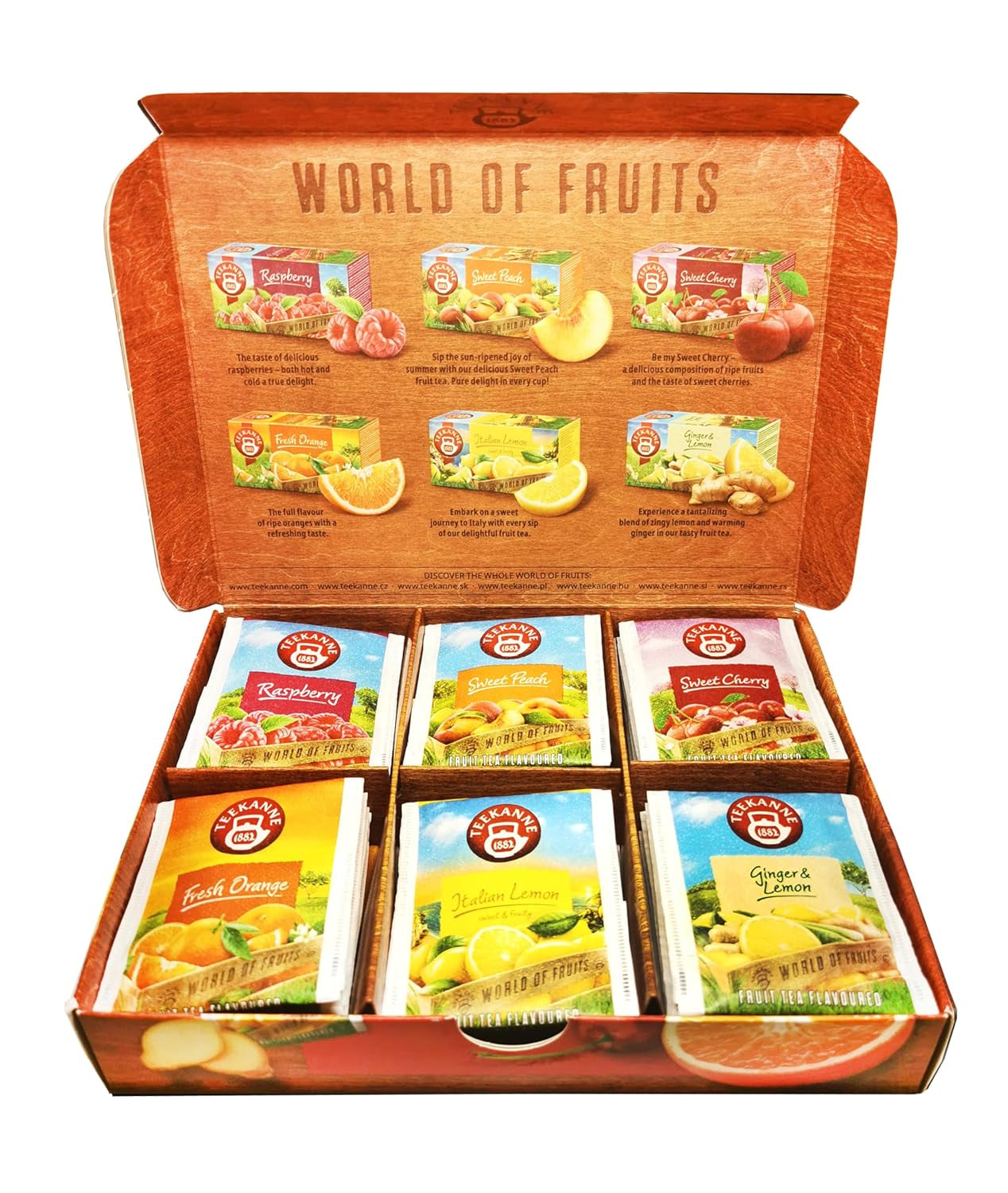 Teekanne World of Fruits (NIEUWE EDITIE) - Doos met selectie fruittheeën - 6 smaken * 5 theezakjes