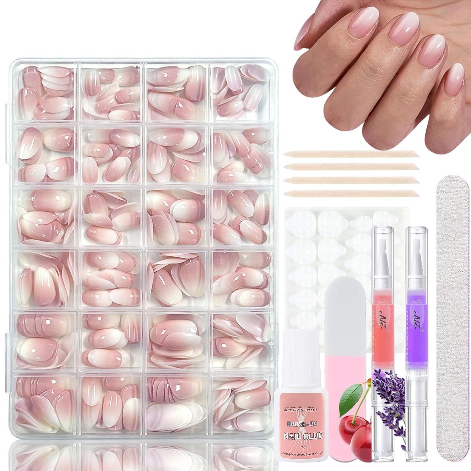 360 stks gradiënt ballerina kunstnagels set, roze witte gradiënt lijm-op kunstnagels met 2 stks nagelolie pennen, ombre medium nepnagels voor vrouwen DIY