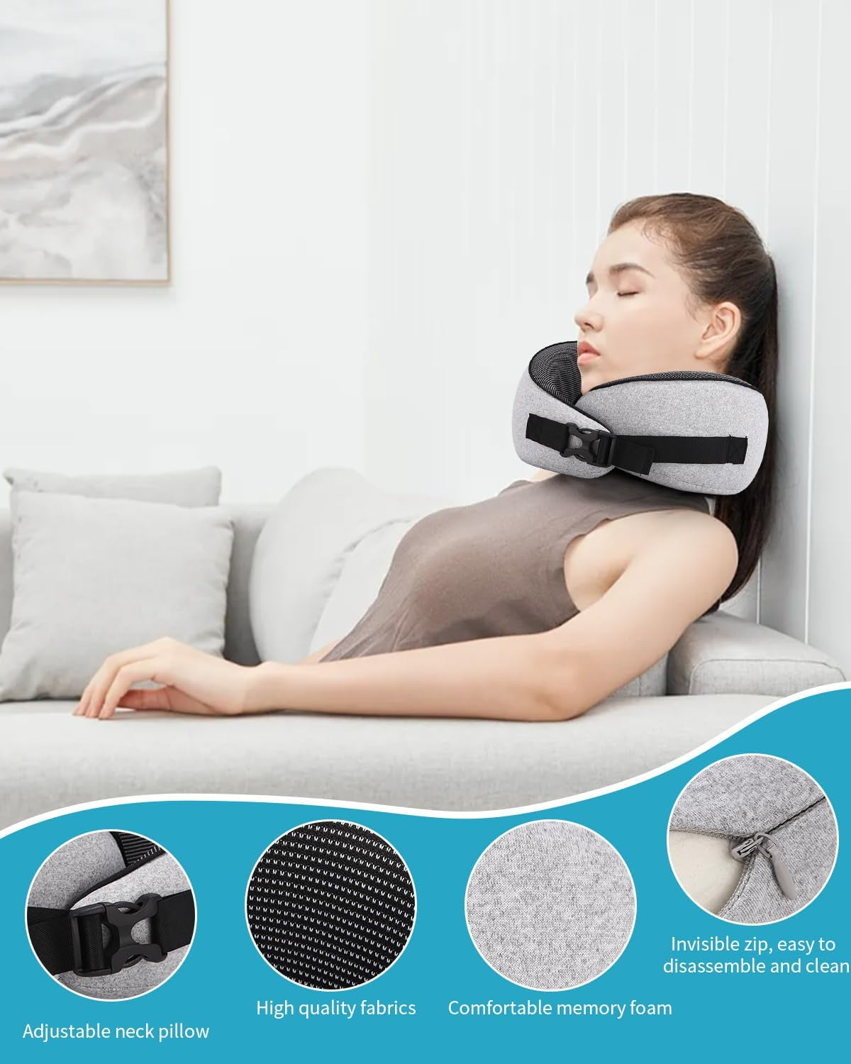 Vliegtuig nekkussen, traagschuim reiskussen, nekkussen voor volwassenen, verstelbaar wasbaar vliegtuigkussen, ergonomisch reiskussen (grijs) Cervicale orthopedische kussens Naty Shop