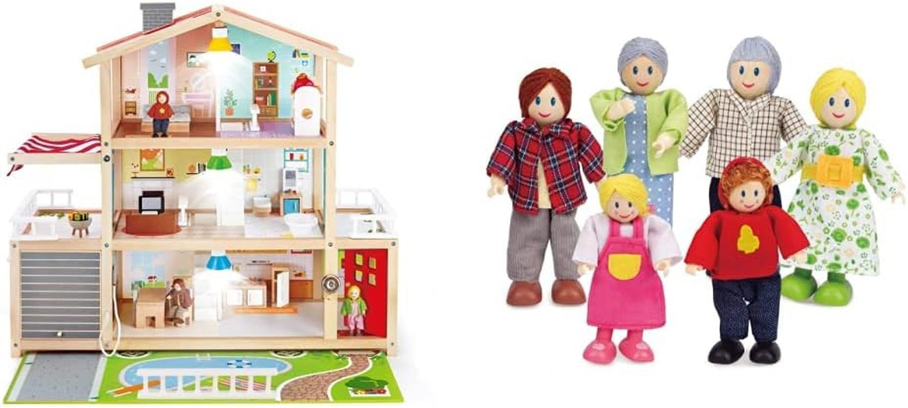 E3405 - Poppenhuis, poppenhuis met accessoires, van hout en E3500 - Poppenfamilie, lichte huid