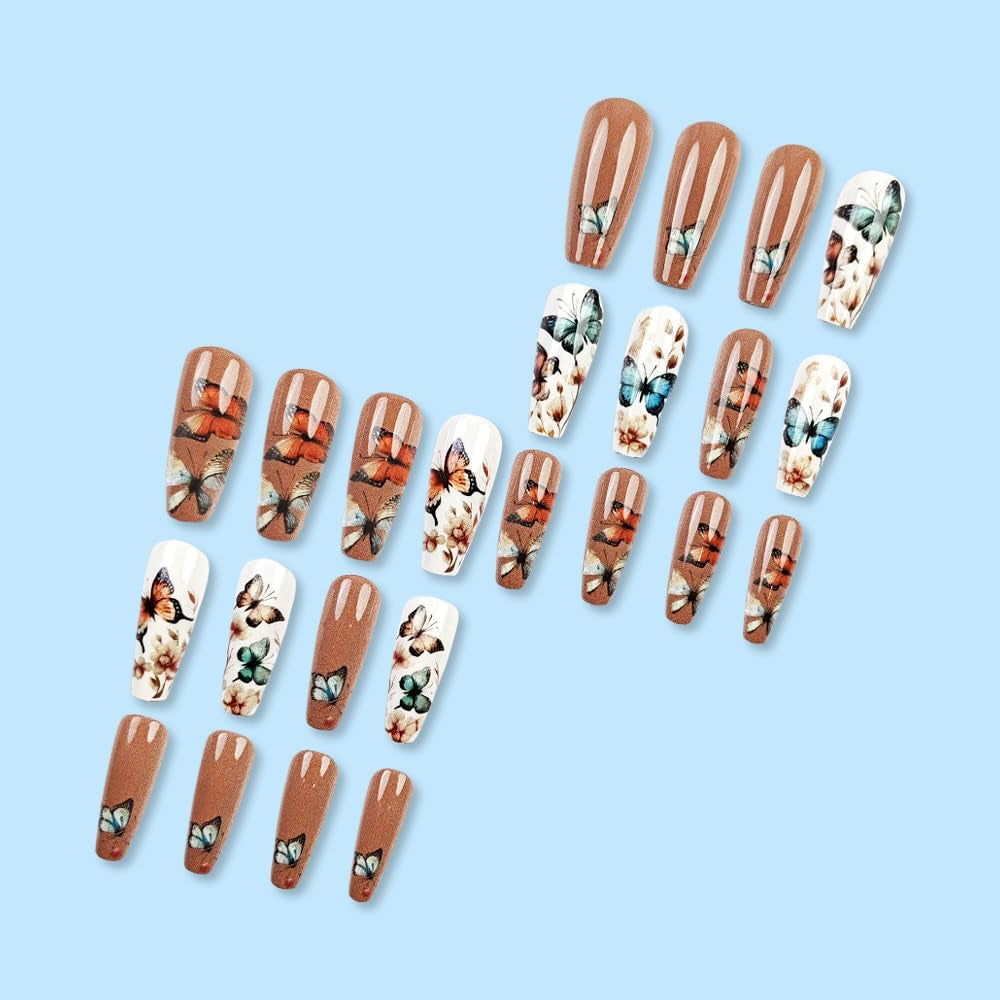 24 stuks lange druk op nagels doodskist kunstnagels vlinder bloem zelfklevende nagels wit bruin acryl nagel set nagel tips vrouwen lente zomer nagel accessoires