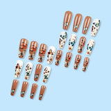 24 stuks lange druk op nagels doodskist kunstnagels vlinder bloem zelfklevende nagels wit bruin acryl nagel set nagel tips vrouwen lente zomer nagel accessoires
