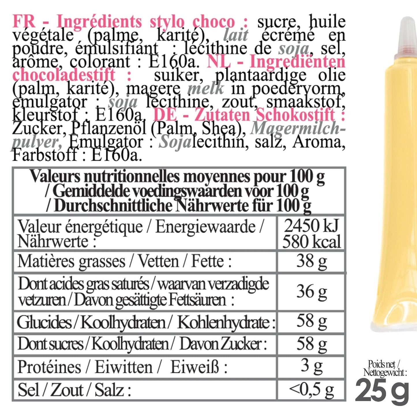 Scrapcooking - Pastelgele suikerpen - Gele schrijfsuiker 25g - Decoratieve eetbare suikerpen - Schrijven en tekenen - Etikettering van fondant, glazuur, cakes - 6804