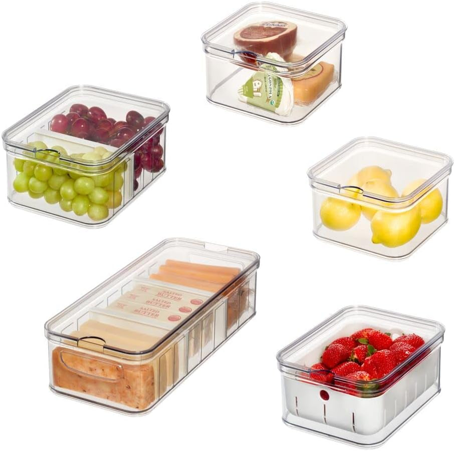 iDesign opbergdozen, koelkastorganizer met deksels in een set van 5, gerecyclede plastic voedselopslagdozen voor het organiseren van verbruiksartikelen, helder en wit Naty Shop voedselopslagdozen transparant, wit set van 5