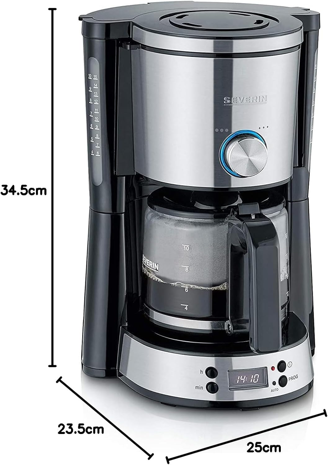 SEVERIN "TypeSwitch" espressomachine met glazen karaf en timer, AromaSwitch voor het kiezen van 2 zetopties, digitale klok met timerfunctie, voor maximaal 10 kopjes, 1000W, geborsteld roestvrij staal-zwart, KA 4826