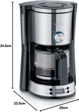 SEVERIN "TypeSwitch" espressomachine met glazen karaf en timer, AromaSwitch voor het kiezen van 2 zetopties, digitale klok met timerfunctie, voor maximaal 10 kopjes, 1000W, geborsteld roestvrij staal-zwart, KA 4826