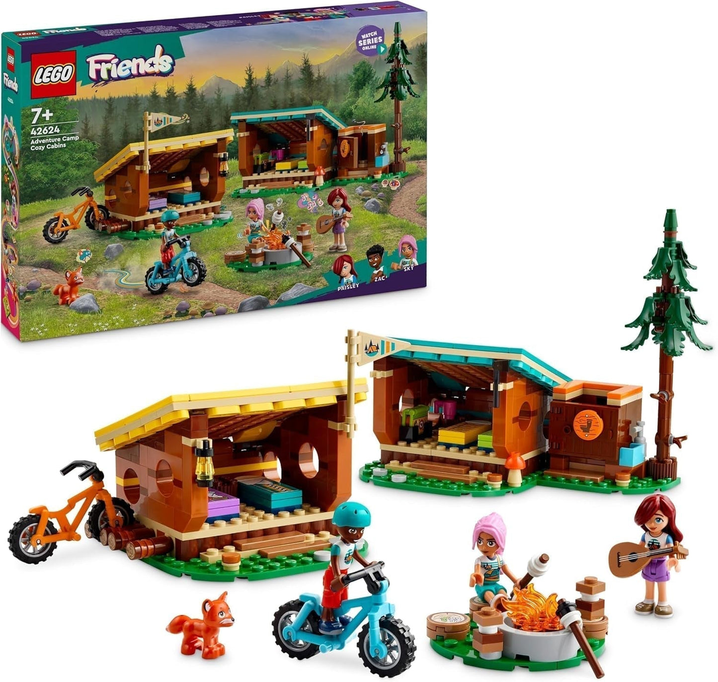LEGO Friends Gezellige hutten op avonturenkamp, rollenspel voor buiten, kinderspeelgoed voor meisjes en jongens vanaf 7 jaar met 3 figuren en vos, kampeerspeelgoed 42624 Bouwsets