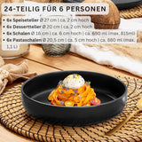 SÄNGER Madeira | 24-delige combinatieserviesset, 6-persoons aardewerken serviesset, 6 dinerborden, 6 ontbijtborden, 6 dinerborden, 6 pastakommen, servies en schalenset, matzwart | DE WAARDE-COLLECTIE