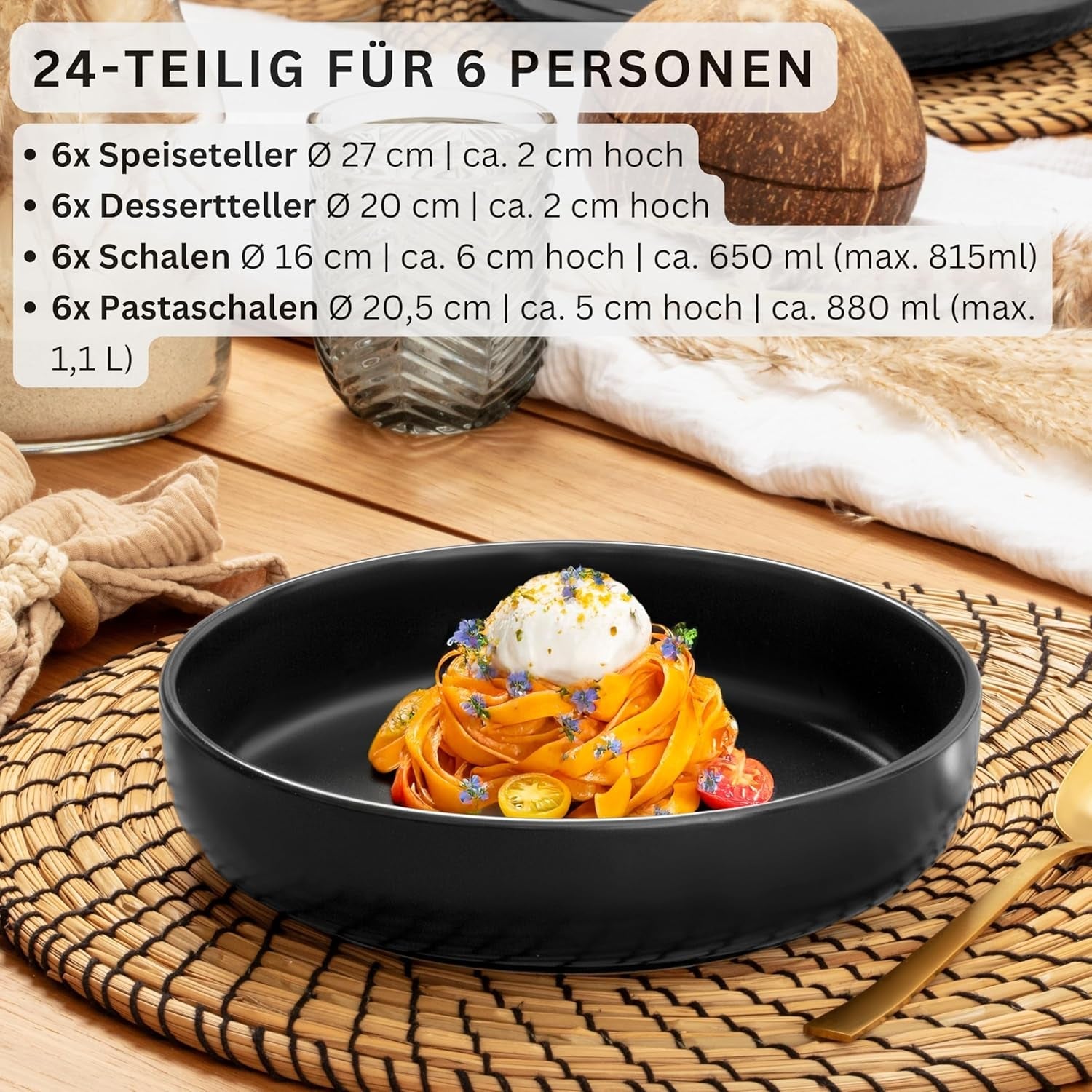 SÄNGER Madeira | 24-delige combinatieserviesset, 6-persoons aardewerken serviesset, 6 dinerborden, 6 ontbijtborden, 6 dinerborden, 6 pastakommen, servies en schalenset, matzwart | DE WAARDE-COLLECTIE