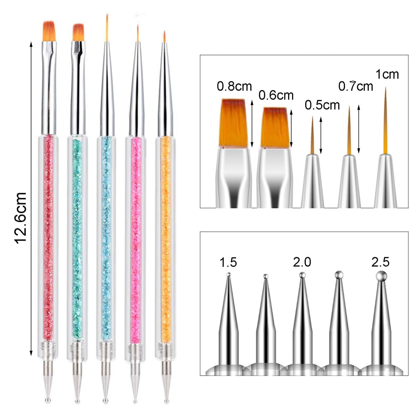 6 Stück Nagel Pinsel Set, Doppel-Ende Nageldesign Pinsel, Acryl Nail Art Pinsel Set Nail Art Liner Pinsel Dotting Tool voor DIY Nail Art Design (Mit 1 Schwammbürste)