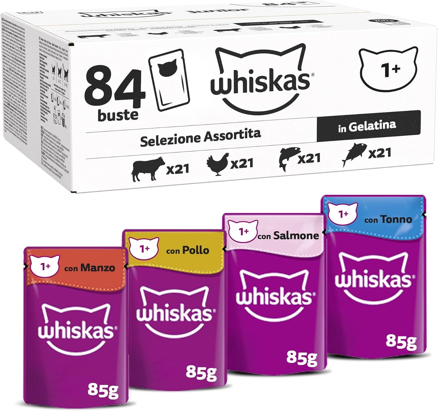 Whiskas Adult Natvoer 1+ Gemengde Selectie in Jelly, 84 Zakjes, 84x85g (1 Grote Verpakking) - Hoogwaardig natvoer voor volwassen katten