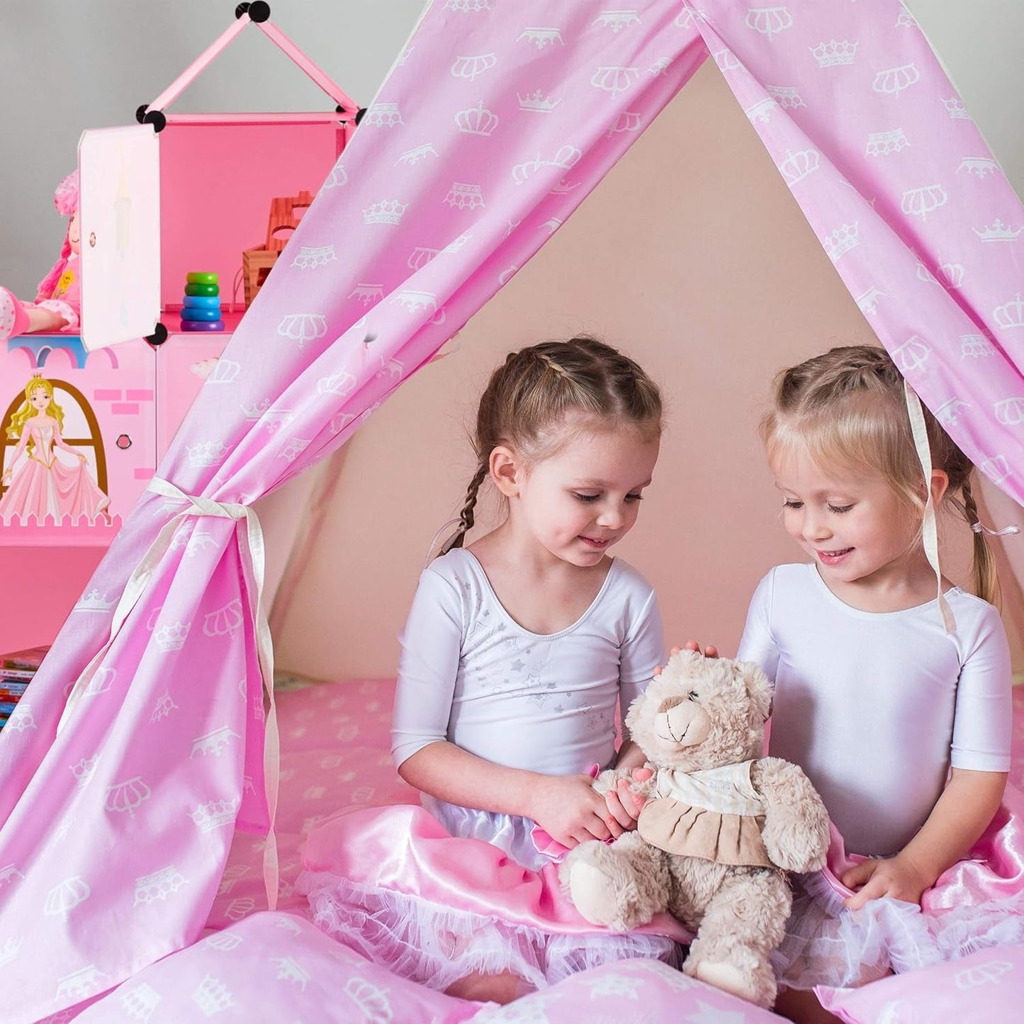 Relaxdays modulaire plank voor kinderkamers, prinsessenkasteelontwerp, kunststof, doe-het-zelfkast met deuren, HL: 128 x 110 x 37 cm, roze