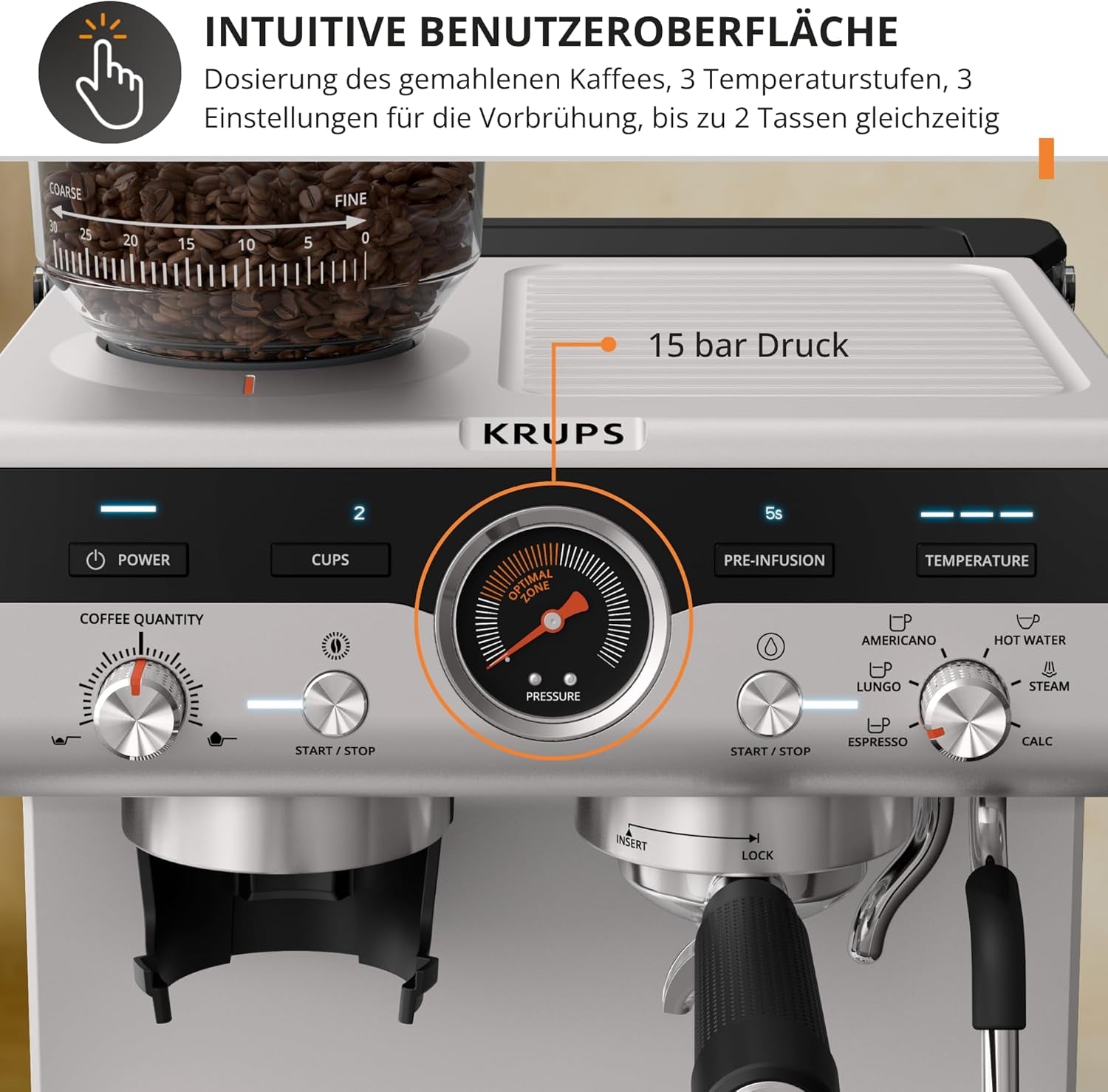Krups Precision handmatige espressomachine met portafilter en molen, barista koffiemachine met intuïtief bedieningspaneel, pre-infusie instellingen, espressomachine met stoompijpje, snelle opwarming, XP801T10