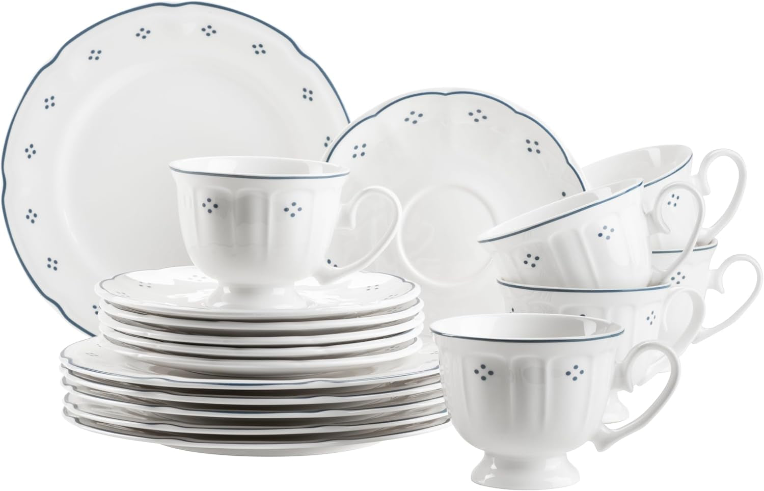Mäser Lova Serie 18-delig porseleinen koffieservies - 6 dessertborden (19,5 cm), 6 kopjes (19 cl) en 6 schotels (15,5 cm), blauw
