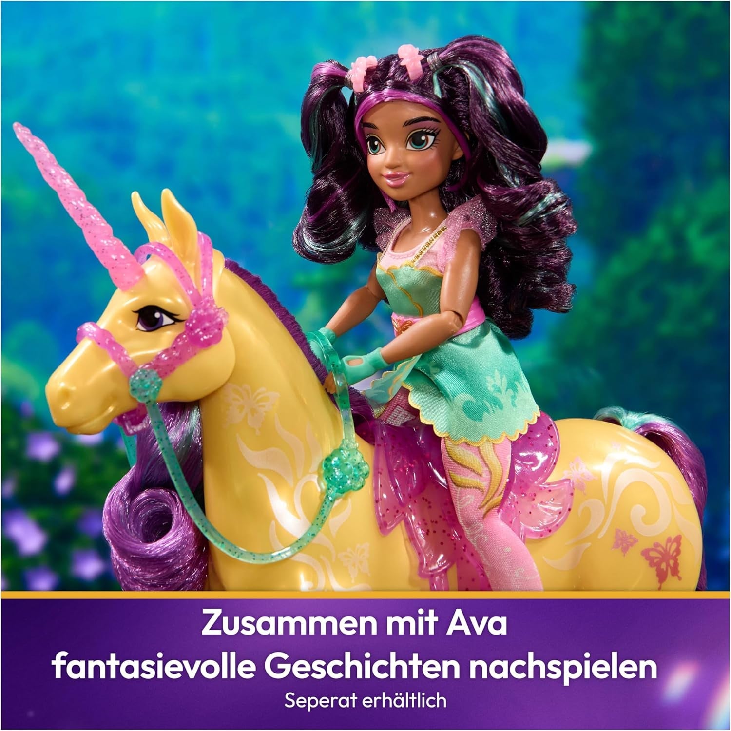 Unicorn Leaf Unicorn Academy - 28 cm grote originele Ava eenhoorn uit de Netflix-serie met echte manen en staart, afneembaar hoofdstel en zadel en borstel, voor kinderen vanaf 4 jaar