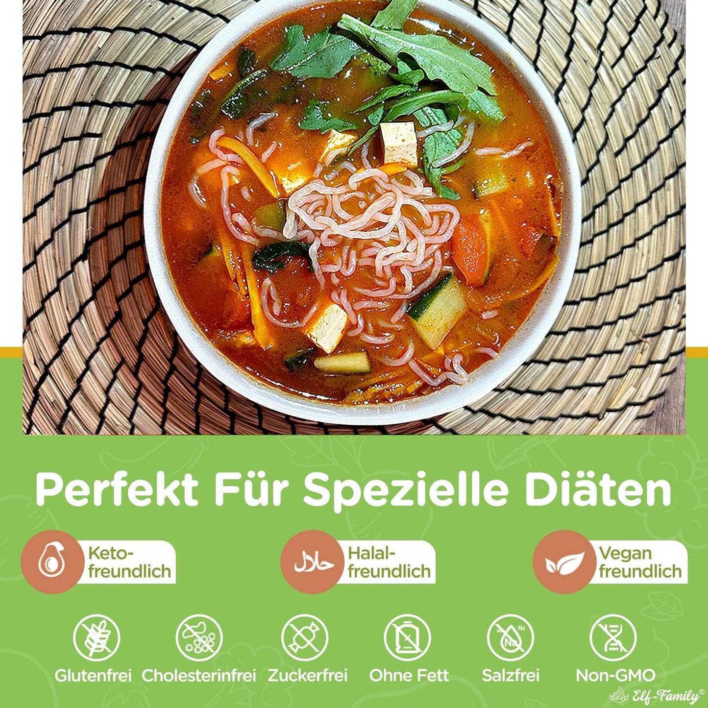 Elf-Family 270g x6er doos (12 stuks) Bio Konjak Nudeln Ultra Low Carb Shirataki Nudeln Veganistisch Glutenvrij-Instant Nudeln ohne kohlenhydrate/Keto/Kalorienarme/Fettfrei/Zuckerfrei -Spaghetti MHD: 12/11/2026
