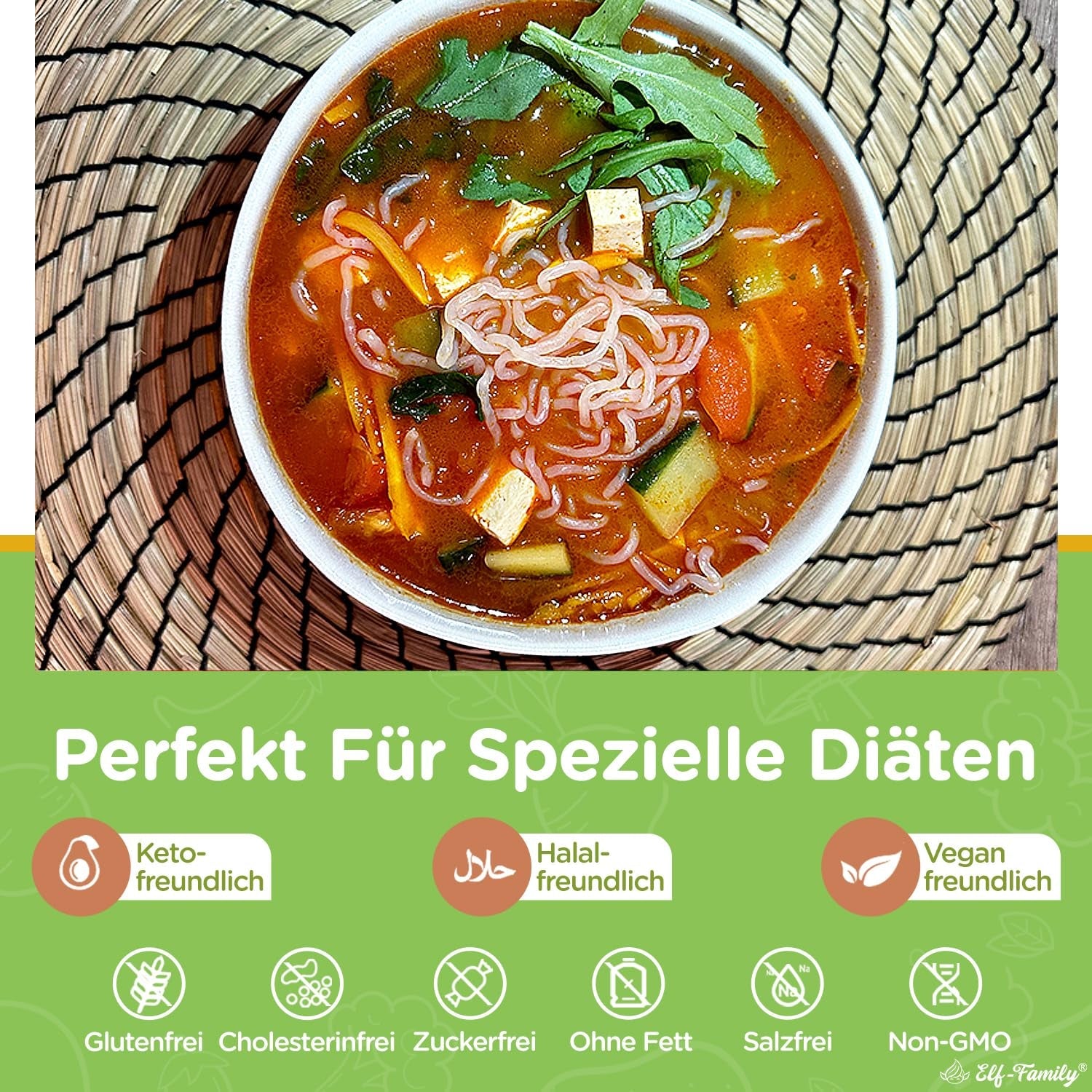 Elf-Family 270g x6er doos (12 stuks) Bio Konjak Nudeln Ultra Low Carb Shirataki Nudeln Veganistisch Glutenvrij-Instant Nudeln ohne kohlenhydrate/Keto/Kalorienarme/Fettfrei/Zuckerfrei -Spaghetti MHD: 12/11/2026
