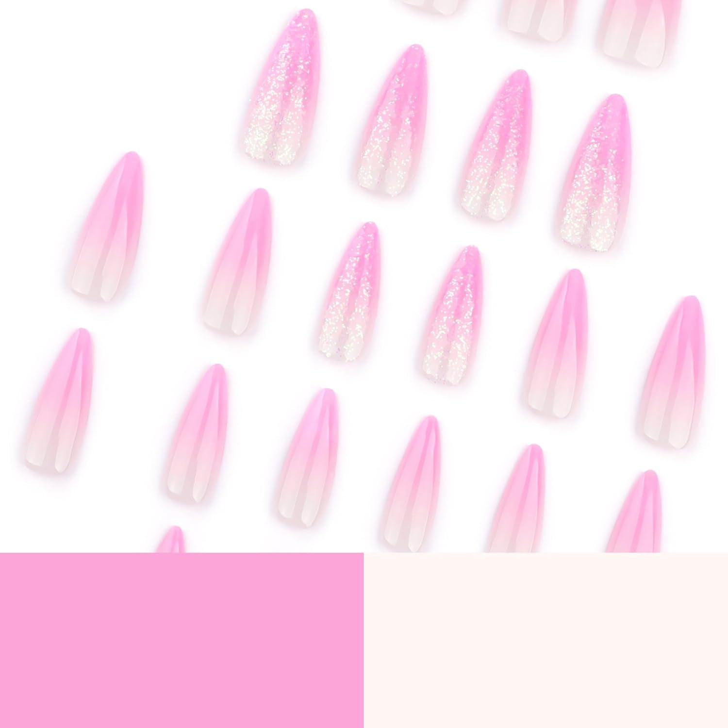 Mouyuglow Lange nagels Stiletto Melkwit Gradiënt Roze Glitter Cool Nepnagels met lijm Roze Ombre Glitter Kunstnagels