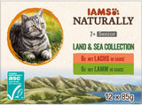 IAMS Naturally Senior Natvoer in saus - Hoogwaardig vlees- en visnatvoer voor oudere katten, Land & Sea Collection, 12 x 85 g