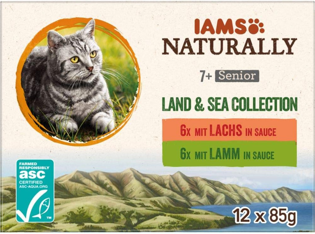 IAMS Naturally Senior Natvoer in saus - Hoogwaardig vlees- en visnatvoer voor oudere katten, Land & Sea Collection, 12 x 85 g