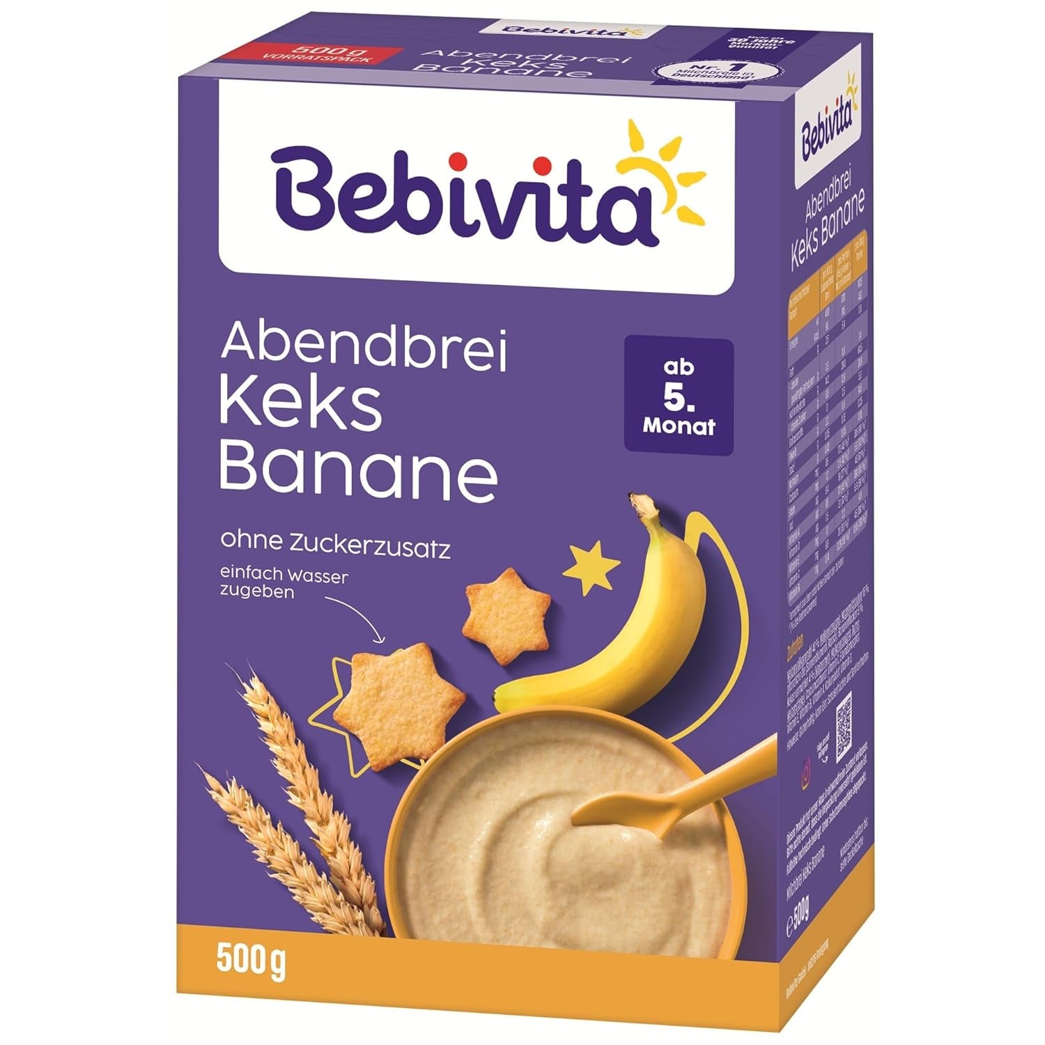 Avondpap met koekjes en bananen (4x500g), melkpap vanaf 5 maanden, zonder toegevoegde suiker, met waardevolle mineralen en vitamines, zeer vullend