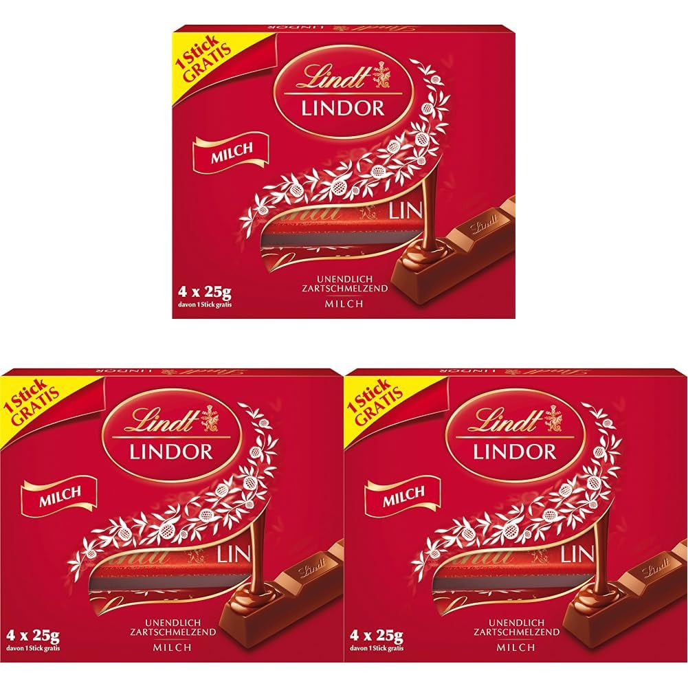Lindt-chocolade | LINDOR melkchocoladesticks, Promotie-aanbieding | 100g | 4 LINDOR melkchocoladerepen met smelt-in-je-mond-vulling | Chocoladesticks (pak van 3)