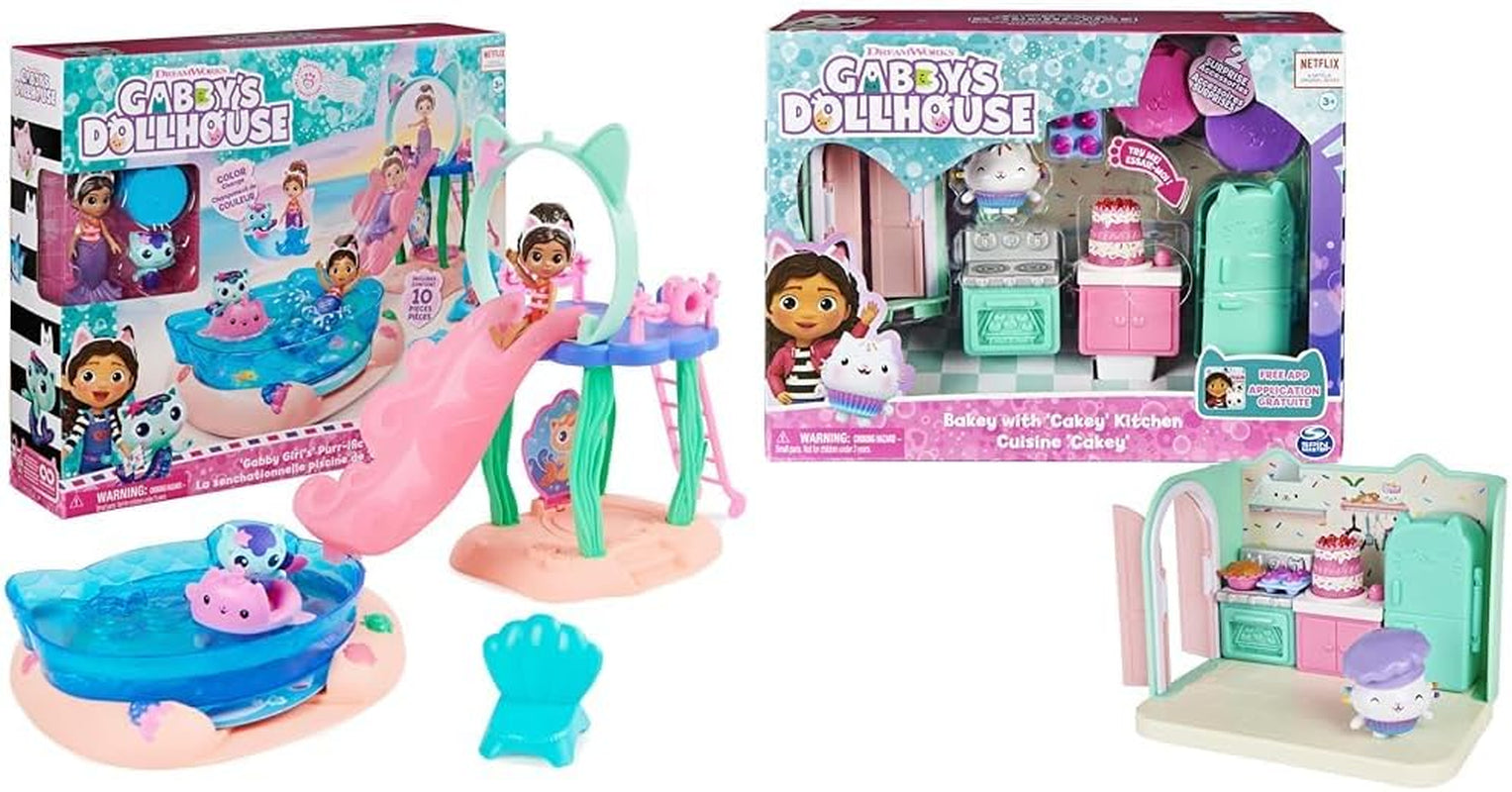 Gabby's poppenhuis, Purific Pool Party-speelset met Gabby- en Meerkat-figuren en Deluxe kamer, taart bakken, taart keuken