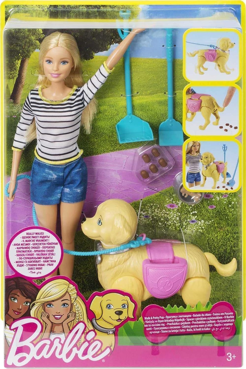Barbie loop- en potjespop, blonde pop met lopende hond, poeplepel, accessoires inclusief pophond, kindercadeau, speelgoed voor 3 jaar en ouder, DWJ68