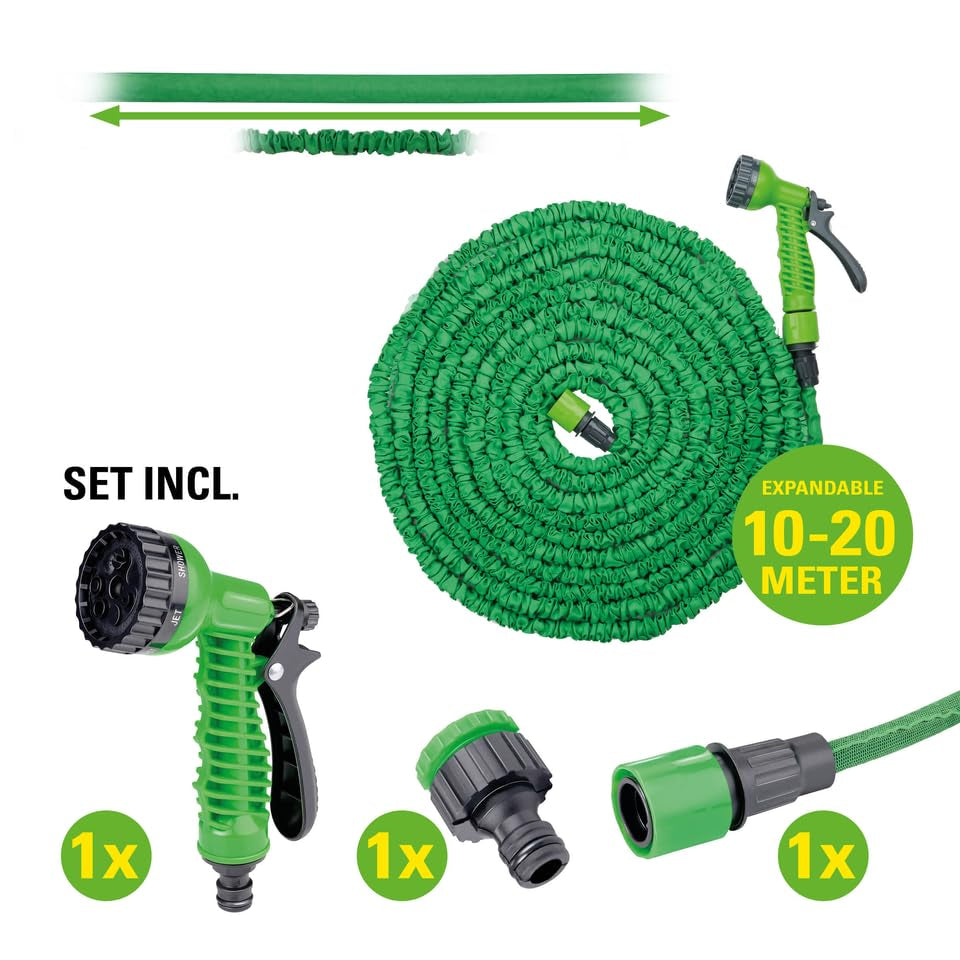 Kinzo Flexibele Tuinslang 20 m - incl. slangetje Slangaccessoire - Flexibele slang met sproeikop met 7 spuitposities - Kunststof - Groen/Grijs