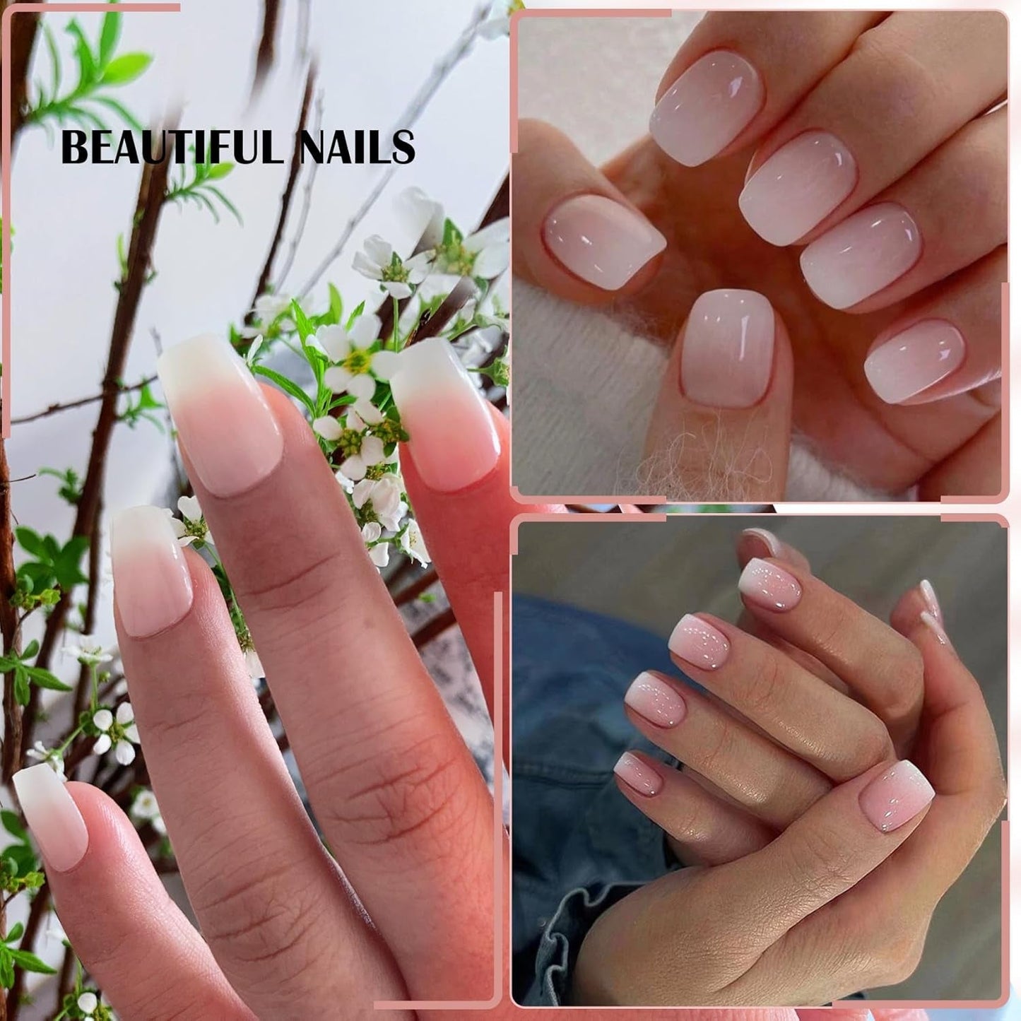 Zelfklevende kunstnagels set - Franse kunstnagels - 24 stuks Kort Vierkant Ontwerp Wit Roze Gradiënt Kunstnagels Ballerina Manicure (Kort Roze Gradiënt)