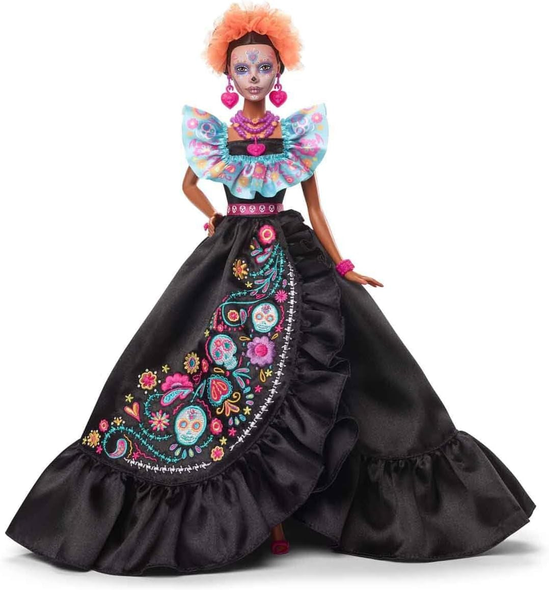 Barbie kenmerkende pop, Día De Muertos 2024 verzamelfiguur in zwarte jurk en blauwe top met ruches, geborduurde print en kleurrijke accessoires, HRM72