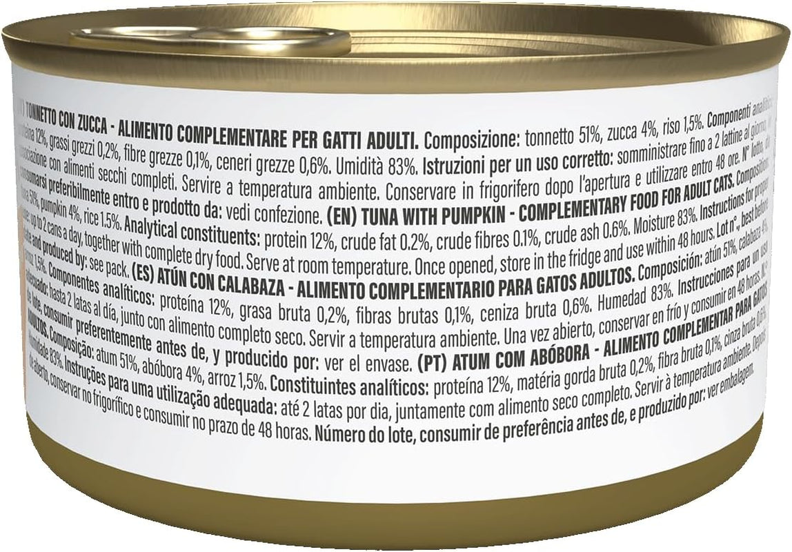 Tonijn met pompoen in bouillon, aanvullend natvoer voor katten, origineel recept, 100% natuurlijk, 12 blikjes van elk 70 g