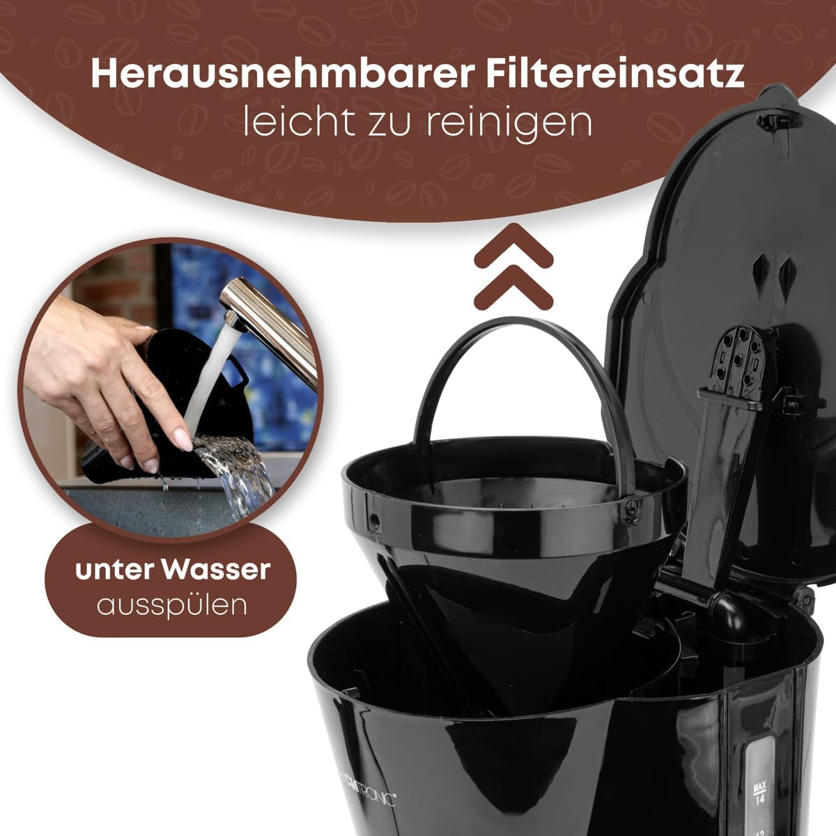Clatronic® espressomachine | Automatische espressomachine voor 12-14 kopjes (ca. 1,5 liter) | Espressomachine met filter en antidruppelsysteem | 900W | Espressor KA 3473 Zwart