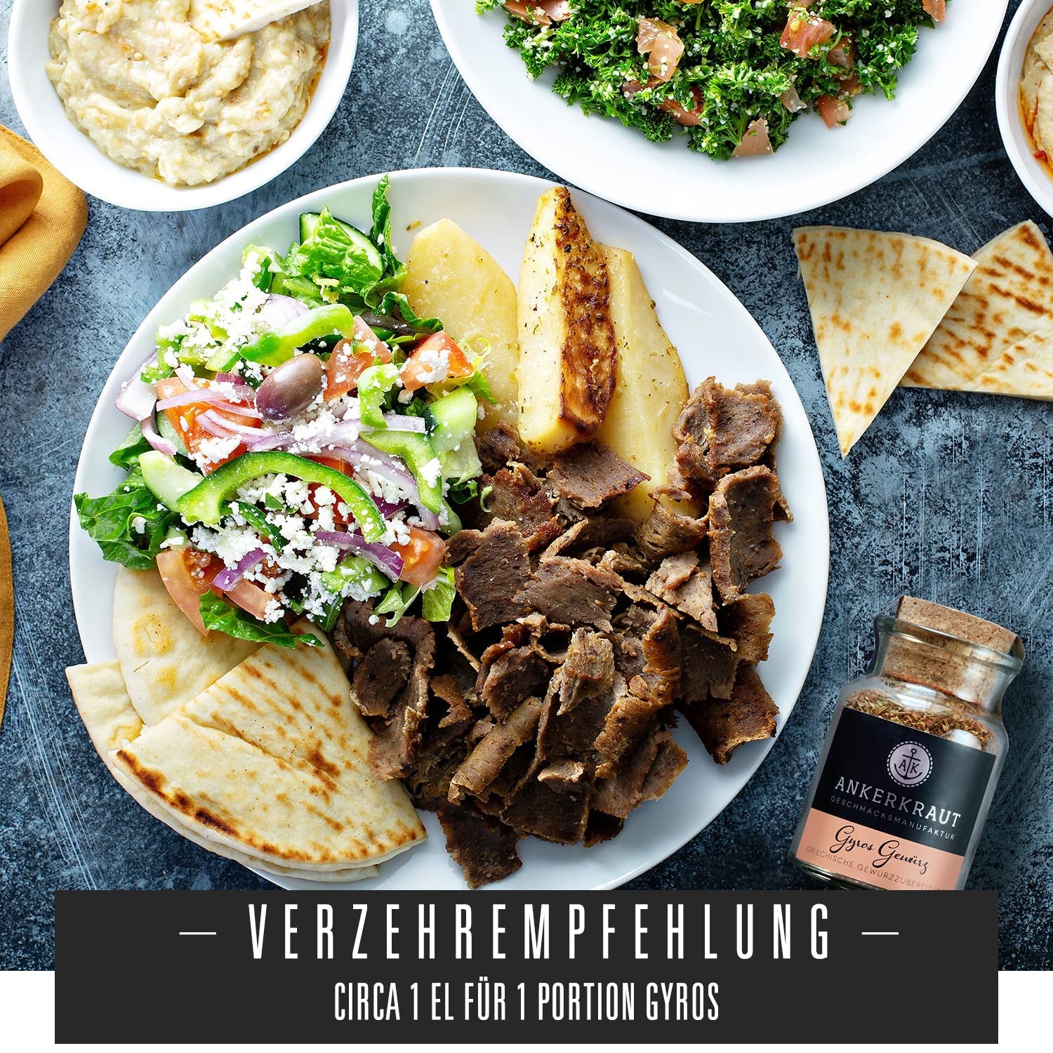 Ankerkraut Gyros, Gewürzmischung für Gyros, egal ob aus der Pfanne of vom Grill, mit Zwiebel, Knoblauch, Marjolein, Komijn, Piment en meer, 80 g in korkenglas