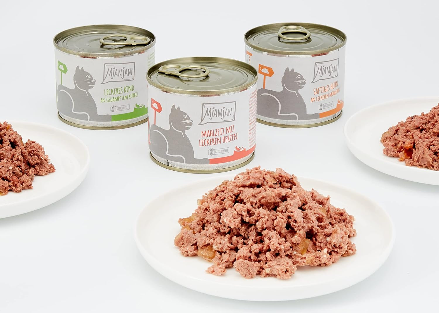 MjAMjAM - Premium Natvoer voor katten - Gemengd pakket I - Kip, Rundvlees, Harten, 6 stuks (6 x 200 g), graanvrij met extra vlees