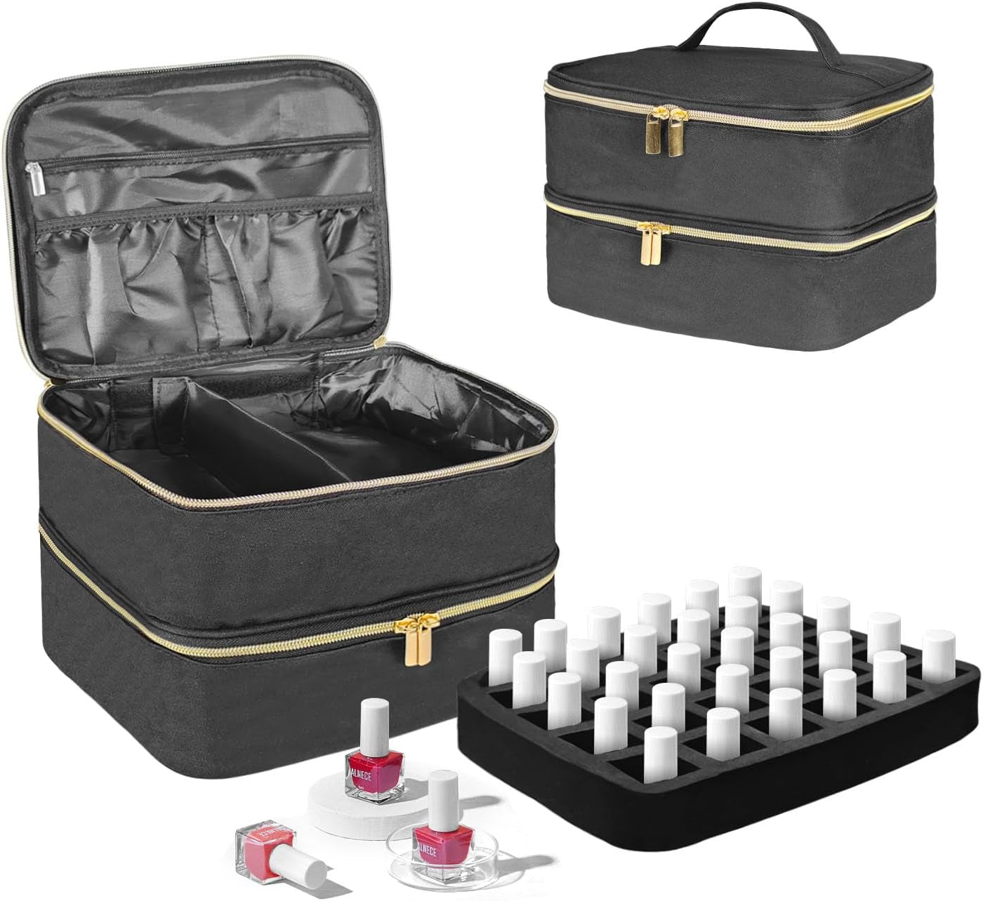 Nail Lacquer Organizer Tasche, Doppelschicht Nail Lacquer Storage Box, Organizer Koffer Für Nageldesign Kosmetiktasche Für 30 Flaschen Neonail Base (15Ml-0.5 Fl.Oz) & 1 nagellamp (zwart)