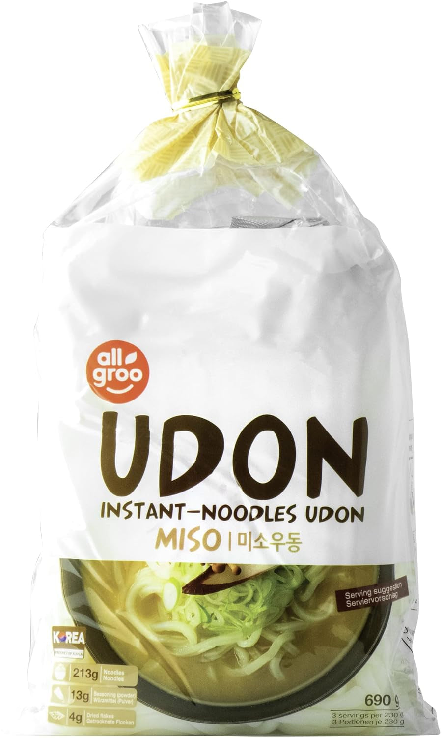 Allgroo Udon instantnoedels - Miso, Udonsoep, pittig, aromatisch, snelle bereiding - bevat 3 porties - 1 x 690 g