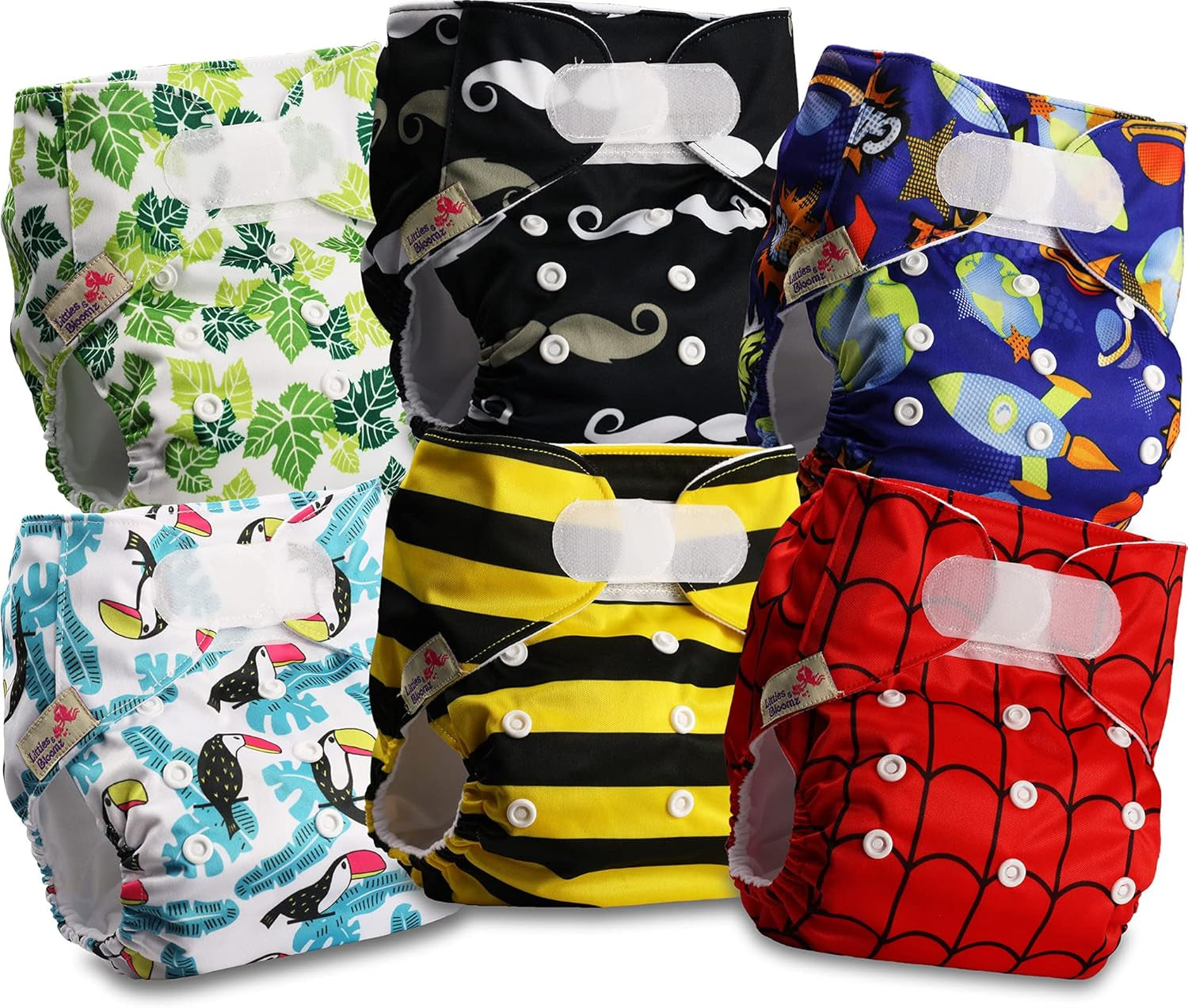 Littles and Bloomz herbruikbare luier FLV2-0602, standaard klittenbandsluiting, 6 luiers