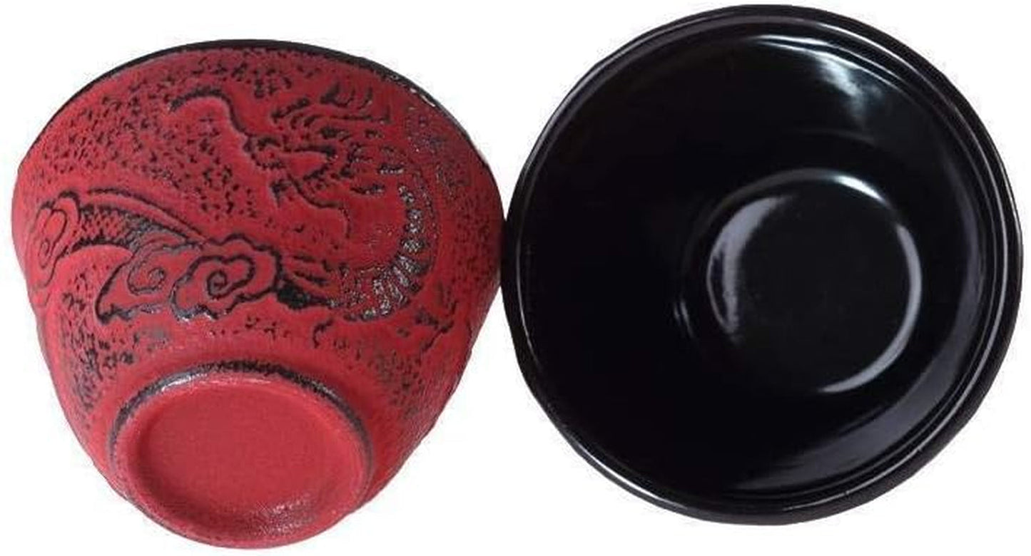 – Chinese Draak Theeservies – 1 Theepot, 4 Gietijzeren Kopjes en Theezeefje – Capaciteit 0,8L – Japans Aziatisch Decor – Cadeau-idee voor Japans Serviesgoed – Kleur Rood