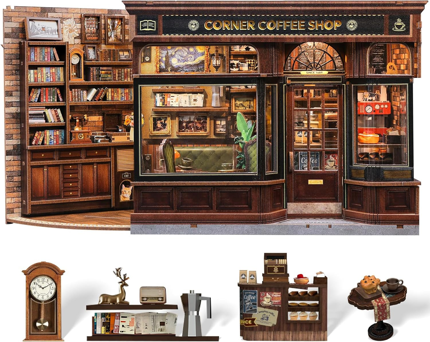 CUTEBEE Boekenhoekset - DIY-poppenhuizen, LED-verlichte miniatuurhuisbouwset voor volwassenen, 3D houten puzzel en boekenstandaard - Boekenplankdecoratie en cadeau (hoekcafé)
