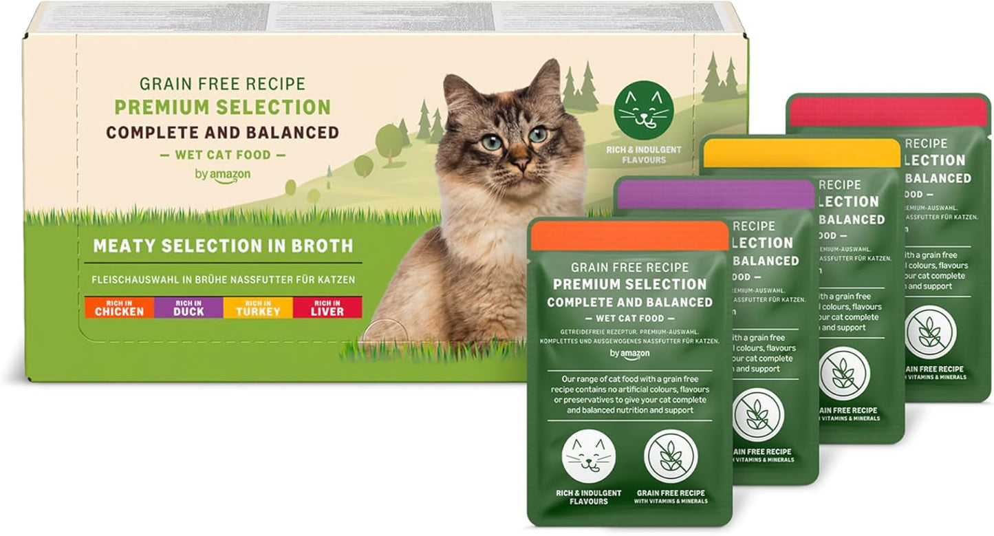 Amazon Graanvrij nat kattenvoer voor volwassen katten Vleesselectie in bouillon 4,76 kg 56 verpakkingen van 85 g (voorheen levenslang)
