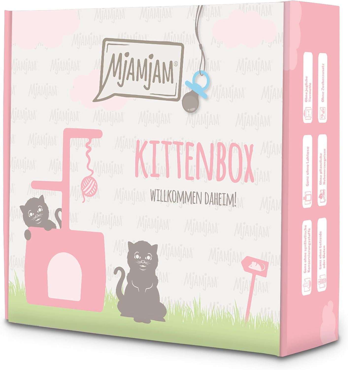 MjAMjAM - Premium nat kattenvoer - Kittenbox - 3x Zalmolie Kip en 3x Zalmolie Kalfsvlees, Voedselzak, Pen, Doosdeksel, 6 stuks (6 x 200 g)