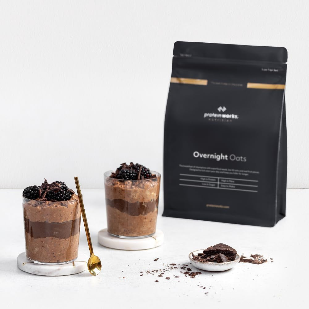 Overnight-havermout met proteïne | Pure chocolade en framboos | Eiwitrijk ontbijt | Suikerarme Snack | Havermout met lage GI | 500g